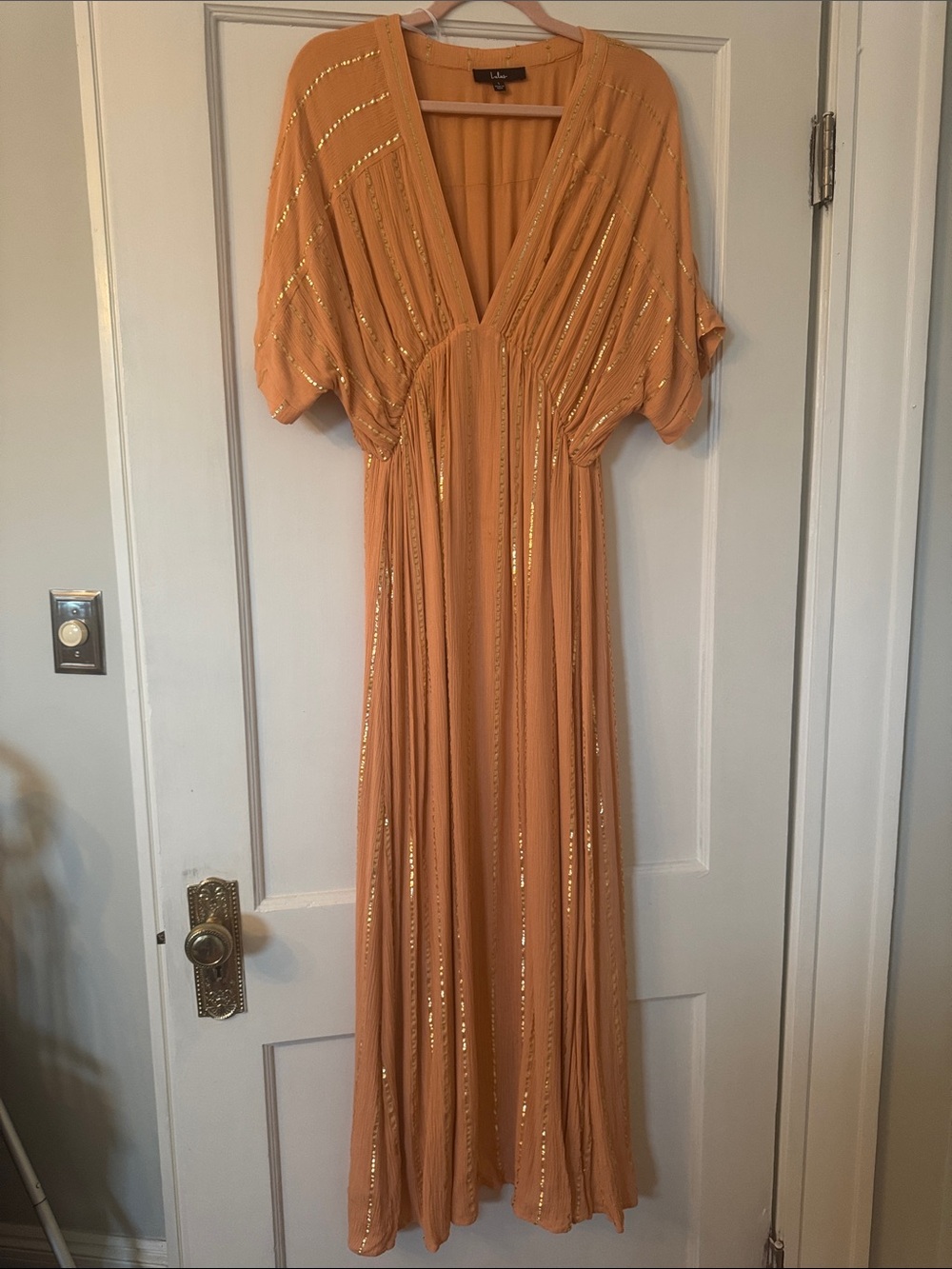 Peach Maxi Dress with Gold Lurex Stripes